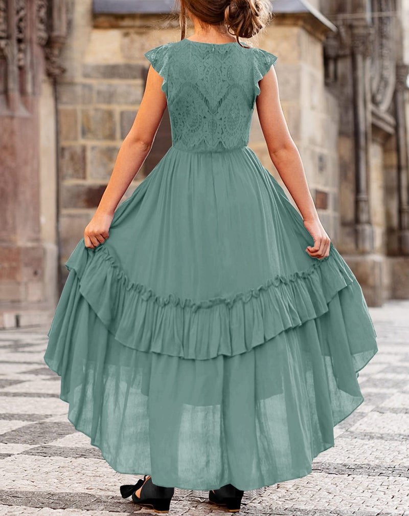 HOSIKA Flower Girl Dress Elegant Ruffle Sleeve Flowy Maxi Formal Bridesmaid Dress for Wedding Light Green 12-13 Years - Image 5