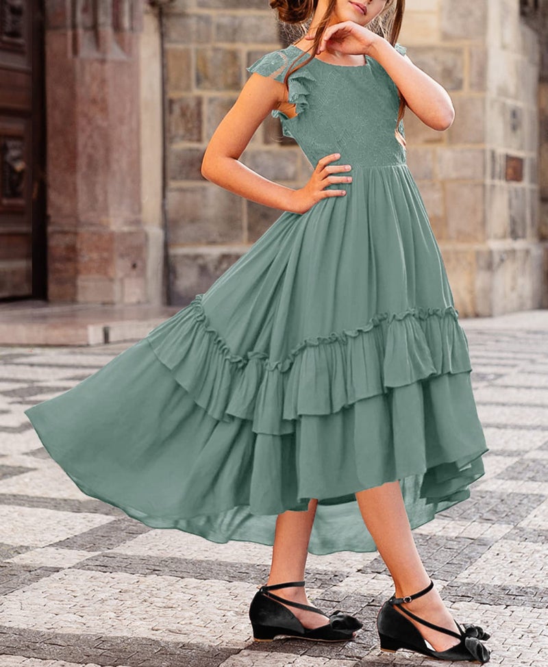HOSIKA Flower Girl Dress Elegant Ruffle Sleeve Flowy Maxi Formal Bridesmaid Dress for Wedding Light Green 12-13 Years - Image 4