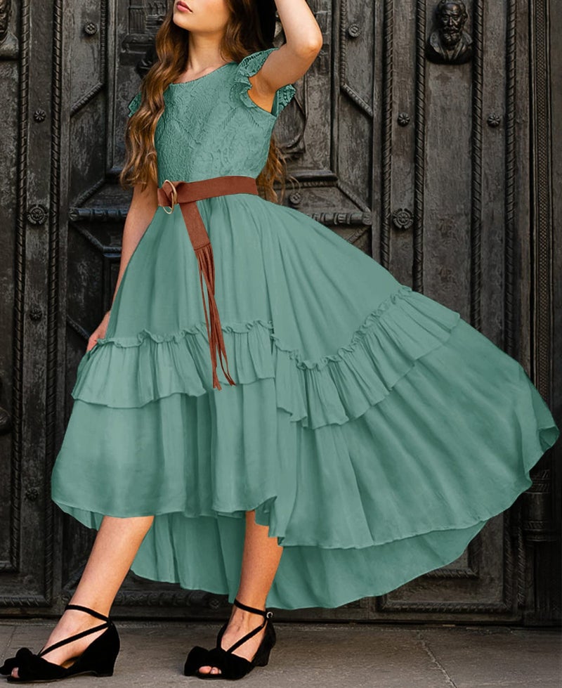 HOSIKA Flower Girl Dress Elegant Ruffle Sleeve Flowy Maxi Formal Bridesmaid Dress for Wedding Light Green 12-13 Years - Image 3