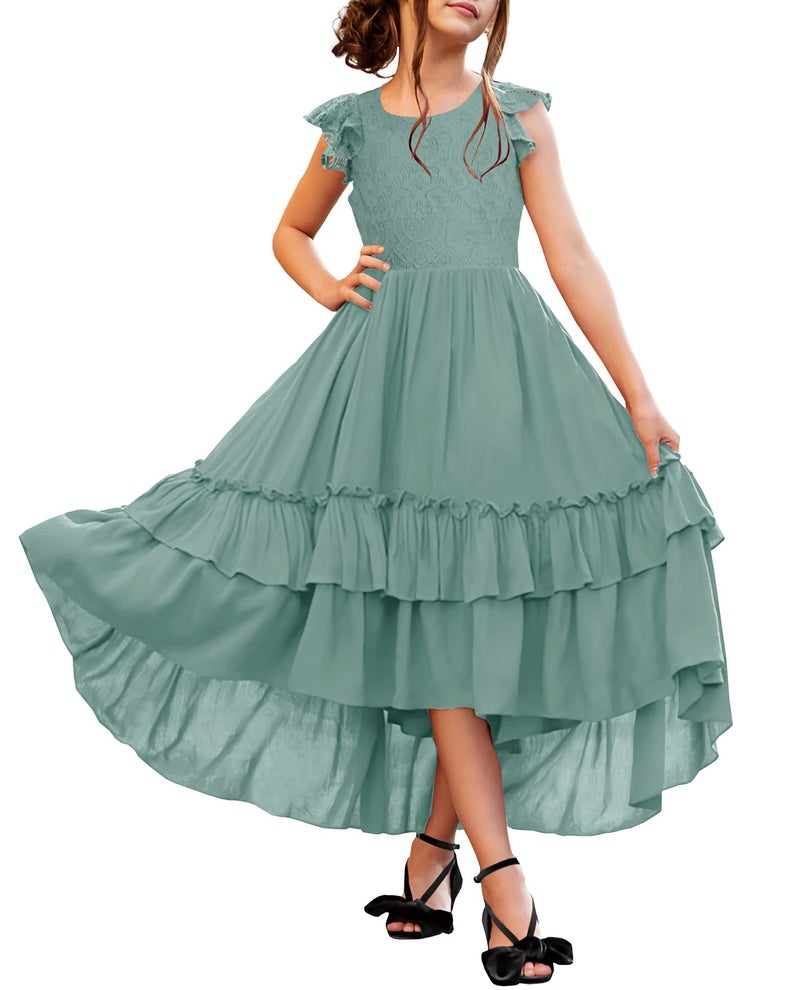 HOSIKA Flower Girl Dress Elegant Ruffle Sleeve Flowy Maxi Formal Bridesmaid Dress for Wedding Light Green 12-13 Years - Image 1