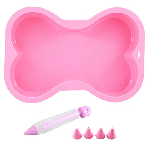 HINMAY Dog Birthday Cake Mold Silicone Bone Shape Cake Pan with Decorating Pen (Pink, 10") - Image 1
