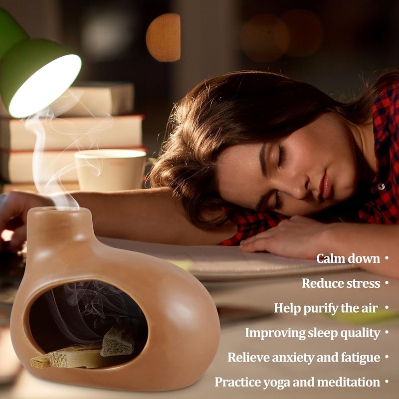 windforgecraft Incense Burner Holder Incense Holder Palo Santo Holder Sage Burner Ash Catcher Ceramic Palo Santo Holder Incense Burner Holder with Clamp for Yoga Meditation Zen Spiritual Room Home Decoration (Brown) - Image 4