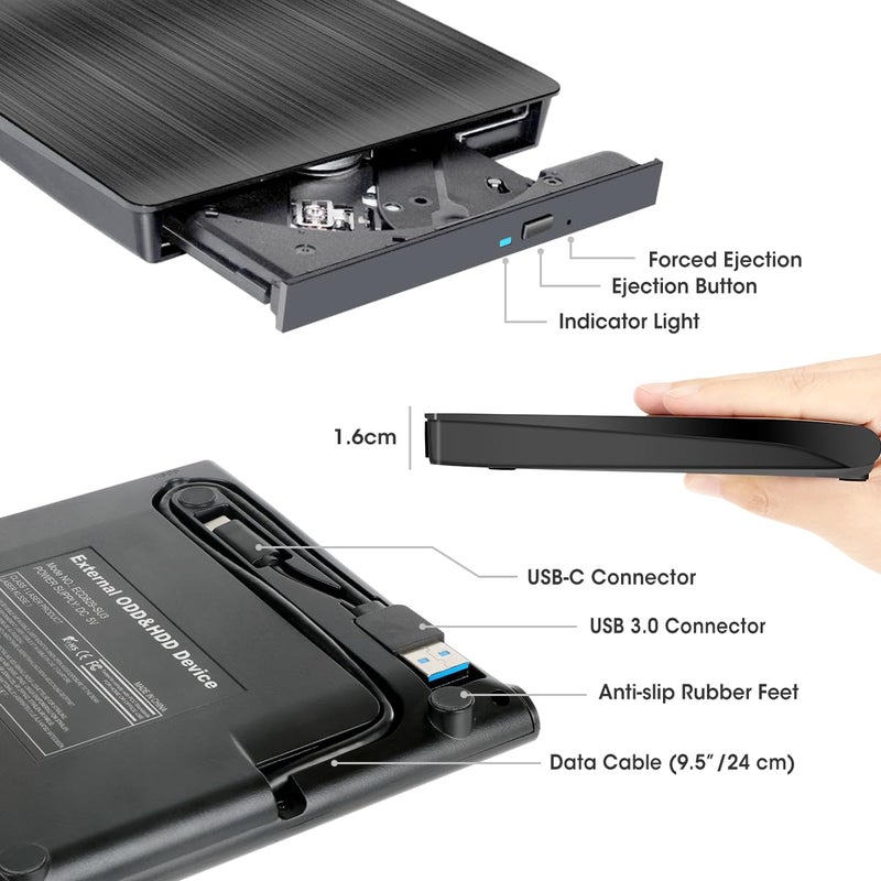 ROOFULL External CD/DVD Drive for Laptop, USB 3.0 & USB-C Portable CD/DVD-RW Player Reader Writer Burner, Optical Disc Drive for Windows 11/10 PC, Mac, MacBook & Linux Computer, Model ECD829-Y - Image 5
