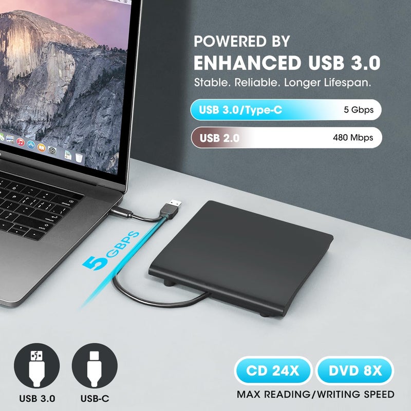 ROOFULL External CD/DVD Drive for Laptop, USB 3.0 & USB-C Portable CD/DVD-RW Player Reader Writer Burner, Optical Disc Drive for Windows 11/10 PC, Mac, MacBook & Linux Computer, Model ECD829-Y - Image 3