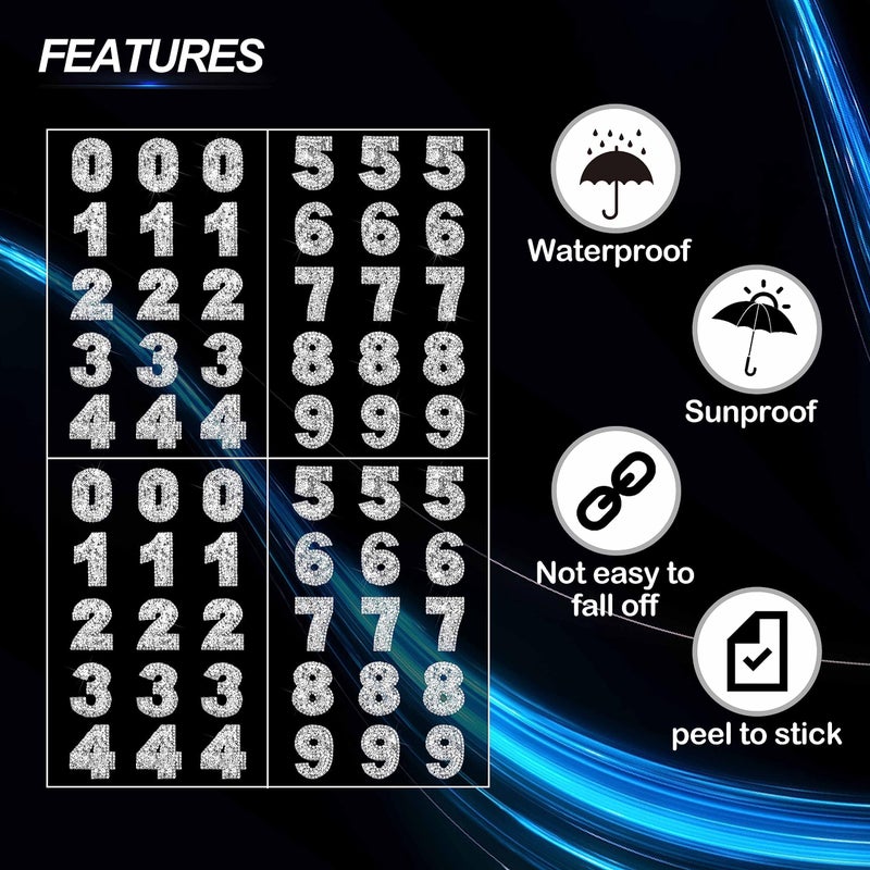 Locacrystal 60pcs Bling Rhinestone Numbers Sticker 6sets 0-9Digits Self-Adhesive Iron on Crystal Numbers Stickers for DIY Crafts Laptop Gifts Furniture Car Clothing Decorations(Silver+White,1.73") - Image 4