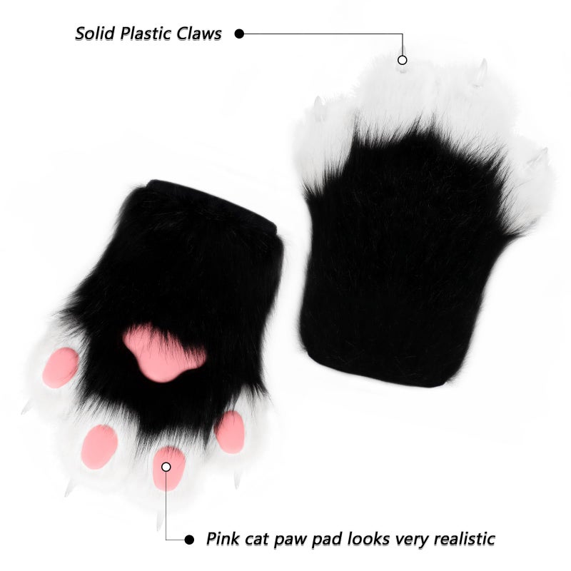 hbbhml Faux Fur Plush Furry Cat Claw Gloves Fursuit Animal Fox Paws Mittens Halloween Cosplay Costume Accessories for Adult - Image 4