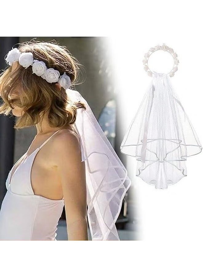 Bachelorette Party Decorations White Flower Crown with Veil Wedding Veil Bridal Shower Gift Veils for Brides Engagement Party Decorations  - Image 1