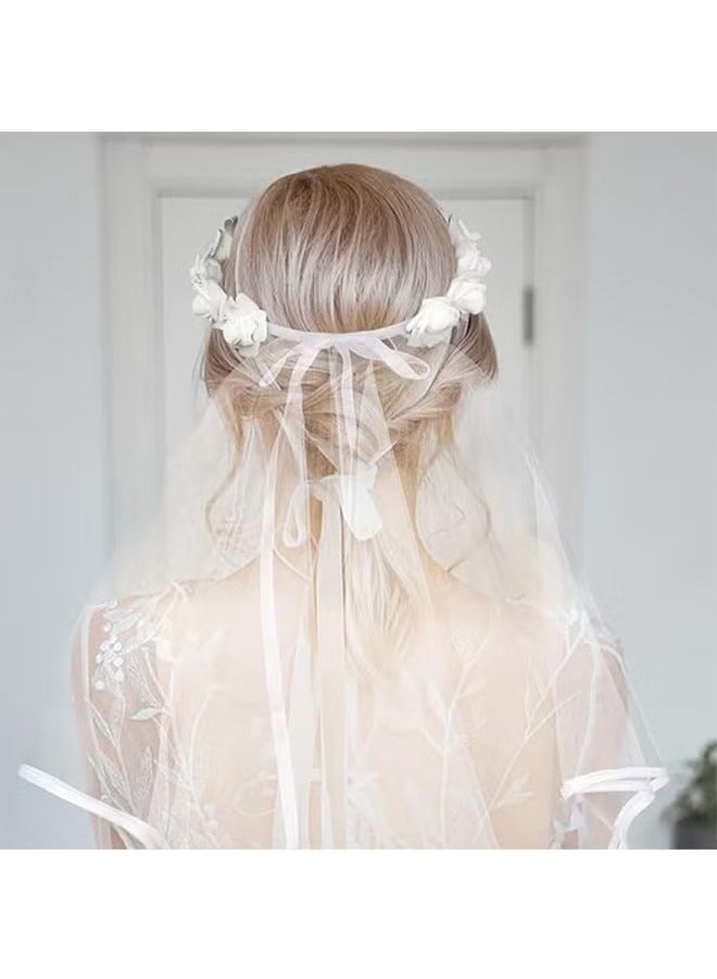Bachelorette Party Decorations White Flower Crown with Veil Wedding Veil Bridal Shower Gift Veils for Brides Engagement Party Decorations  - Image 3