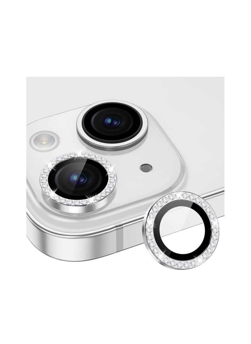 Generic - Compatible with iPhone 15/15 Plus & iPhone 14/14 Plus Camera Lens Protector, Anti-Scratch HD Tempered Glass Lens Screen Protection Cover, Metal Individual Lens Ring (Diamond Silver) - Image 1