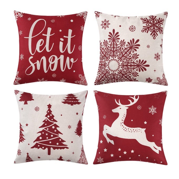 CHRISTMAS DECORATION PILLOW COVERS 18 X18 SET OF 4 FARMHOUSE DECOR THROW PILLOW COVERS FOR HOME MERRY CHRISTMAS TREE DEER HELLO WINTER HOLIDAY DECOR THROW CUSHION CASE FOR HOME COUCH RED