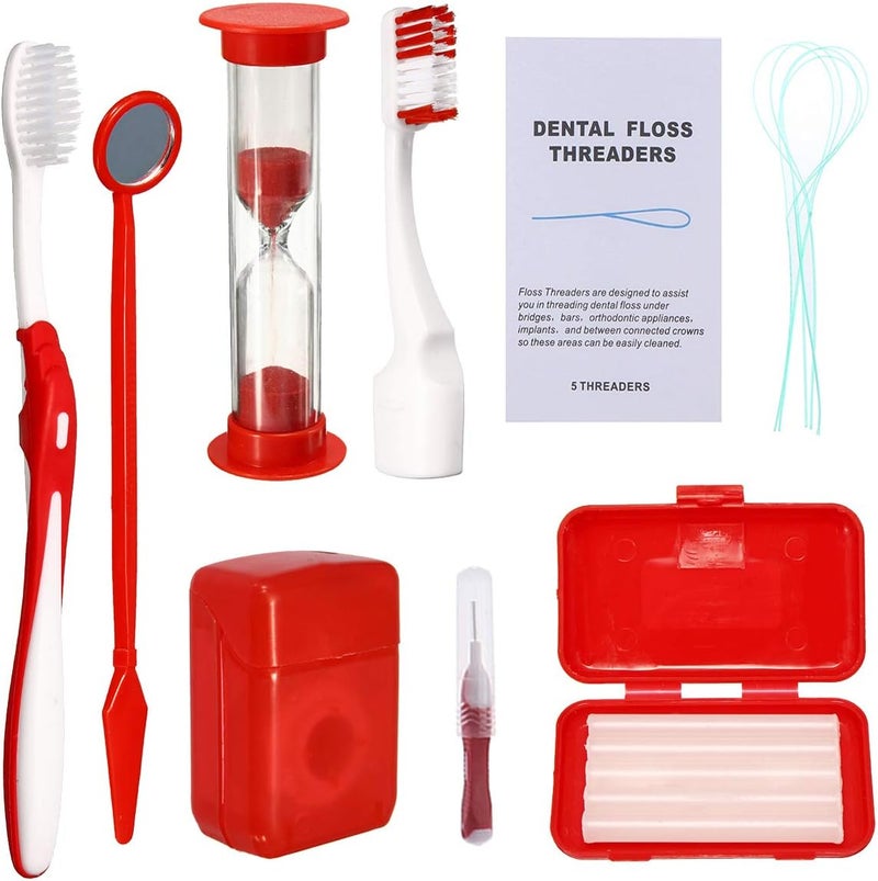 Ceonam Braces Cleaning Kit for Teeth, Portable Orthodontic Toothbrush Kit Oral Care Dental Travel Kit - Interdental Brush Dental Wax Dental Floss Toothbrush Box (Red) - Image 1