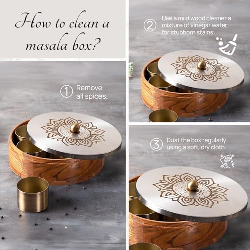 nestroots Wooden Casserole And Masala Box for Kitchen 9-Inch Spice Organizer with 7 Stainless Steel Jars Anjarai Petti, Masala Dani Box, Roti Box, Durable & Stylish Container | Silver - Image 3