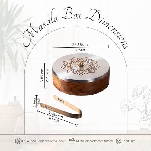 nestroots Wooden Casserole And Masala Box for Kitchen 9-Inch Spice Organizer with 7 Stainless Steel Jars Anjarai Petti, Masala Dani Box, Roti Box, Durable & Stylish Container | Silver - Image 2