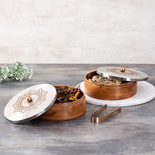 nestroots Wooden Casserole And Masala Box for Kitchen 9-Inch Spice Organizer with 7 Stainless Steel Jars Anjarai Petti, Masala Dani Box, Roti Box, Durable & Stylish Container | Silver - Image 1