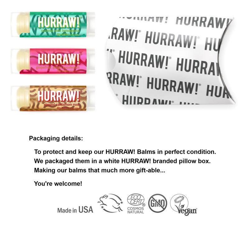 Hurraw! Pitta (Coconut, Mint, Lemon Grass), Kapha (Grapefruit, Ginger, Eucalyptus), Vata (Almond, Cardamon Rose) Lip Balms, 3 Pack Bundle: Organic, Certified Vegan, Cruelty, Gluten Free, 100% Natural - Image 2