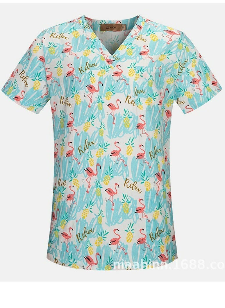 Loquat Unisex Printed V-Neck Medical Uniform Scrubs Top for Women/Men Workwear 