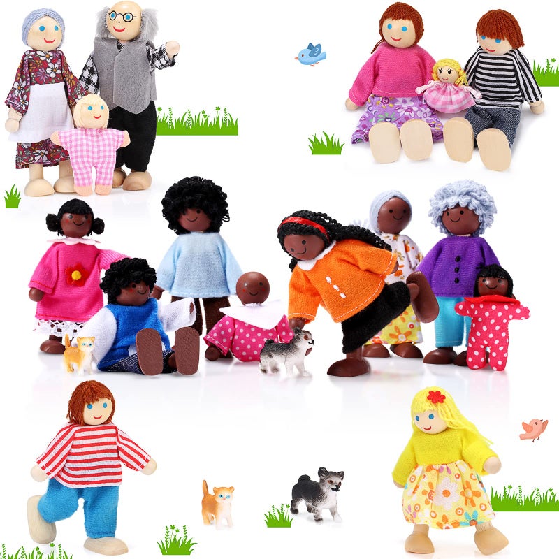Skylety 20 Pcs Wooden Dollhouse Family Set of 16 Mini People Figures and 4 Pets, Wooden Dollhouse Dolls Cosplay Family Figures Accessories for Pretend Toy(Cute Style) - Image 1