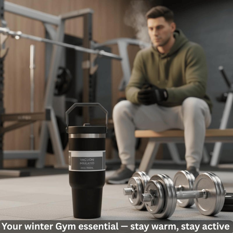 Vacuum Insulated Mug 900ml Water Tumbler Stainless Steel with grip handle & Straw Double Wall Thermal Mug for Hot & Cold Drinks - Leakproof, BPA-Free – Gym, Travel, Office (T, Black) - Image 1