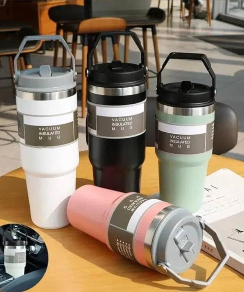 Vacuum Insulated Mug 900ml Water Tumbler Stainless Steel with grip handle & Straw Double Wall Thermal Mug for Hot & Cold Drinks - Leakproof, BPA-Free – Gym, Travel, Office (T, Black) - Image 3