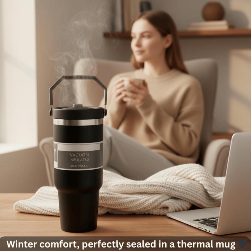 Vacuum Insulated Mug 900ml Water Tumbler Stainless Steel with grip handle & Straw Double Wall Thermal Mug for Hot & Cold Drinks - Leakproof, BPA-Free – Gym, Travel, Office (T, Black) - Image 4