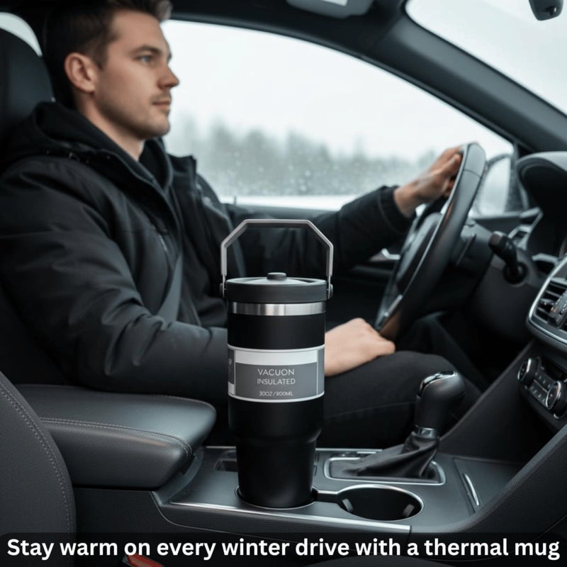 Vacuum Insulated Mug 900ml Water Tumbler Stainless Steel with grip handle & Straw Double Wall Thermal Mug for Hot & Cold Drinks - Leakproof, BPA-Free – Gym, Travel, Office (T, Black) - Image 2