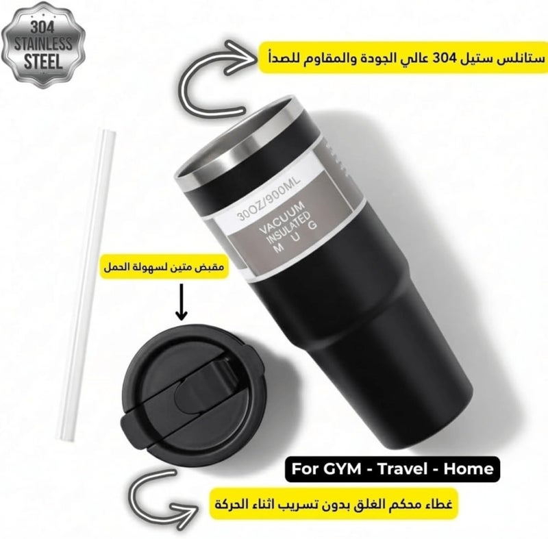 Vacuum Insulated Mug 900ml Water Tumbler Stainless Steel with grip handle & Straw Double Wall Thermal Mug for Hot & Cold Drinks - Leakproof, BPA-Free – Gym, Travel, Office (T, Black) - Image 5