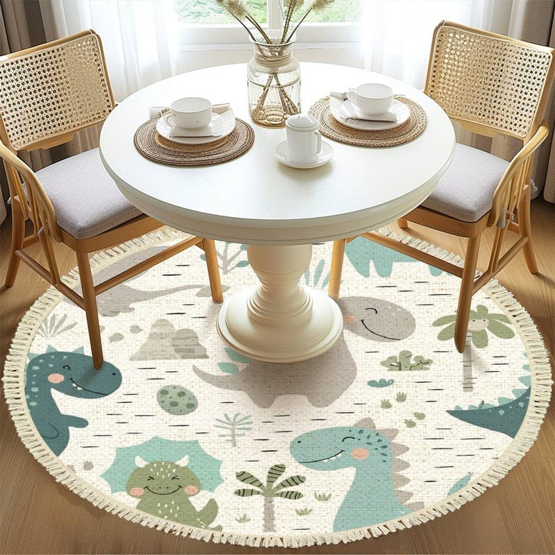 DNEWYNPABV Round Rugs Dinosaur Baby boy Childish Sweet Dino with Palm and Cactus Boho Area Rug Linen and Cotton Carpet Meditation Rug Washable Hallway Runner Mat Accent Rug for Bedroom Bathroom 4ft - Image 5