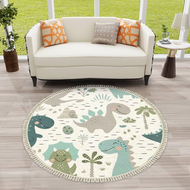 DNEWYNPABV Round Rugs Dinosaur Baby boy Childish Sweet Dino with Palm and Cactus Boho Area Rug Linen and Cotton Carpet Meditation Rug Washable Hallway Runner Mat Accent Rug for Bedroom Bathroom 4ft - Image 4