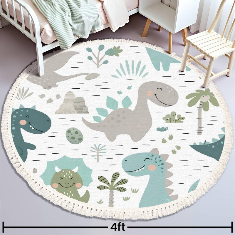 DNEWYNPABV Round Rugs Dinosaur Baby boy Childish Sweet Dino with Palm and Cactus Boho Area Rug Linen and Cotton Carpet Meditation Rug Washable Hallway Runner Mat Accent Rug for Bedroom Bathroom 4ft - Image 3