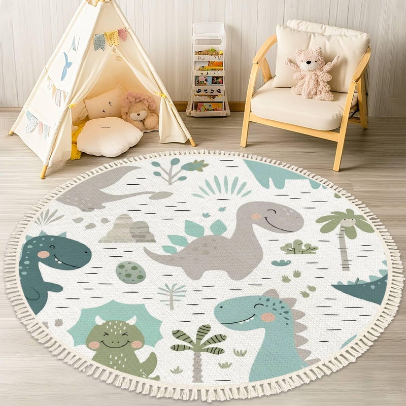 DNEWYNPABV Round Rugs Dinosaur Baby boy Childish Sweet Dino with Palm and Cactus Boho Area Rug Linen and Cotton Carpet Meditation Rug Washable Hallway Runner Mat Accent Rug for Bedroom Bathroom 4ft - Image 1