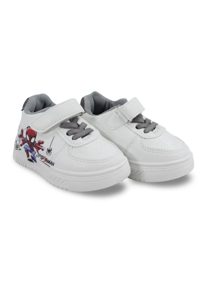 Baby Boys Leather Sneakers – Grey with Spider-Man Print - Image 1