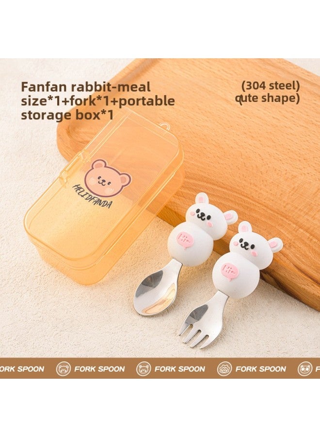 Children's Creative Fork Spoon 304 Stainless Steel Short Handle Cartoon Tableware Household Baby Dining Portable Tableware Suit-Specifications:No Specifications-Color:Fan Fan Rabbit Fork Spoon Storage Box - Image 1
