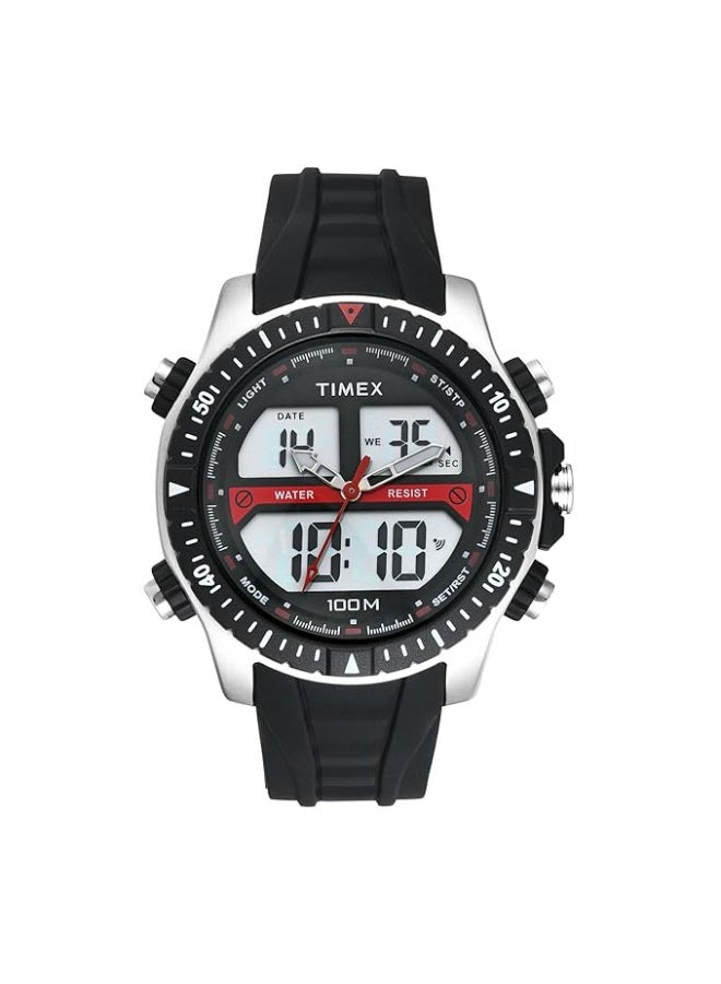 تيميكس ساعة يد TIMEX للرجال، عقارب ورقمية (Ana-Digi)، بمينا دائري وسوار من السيليكون الأسود، مقاومة للماء - TWESK3400T - Image 1