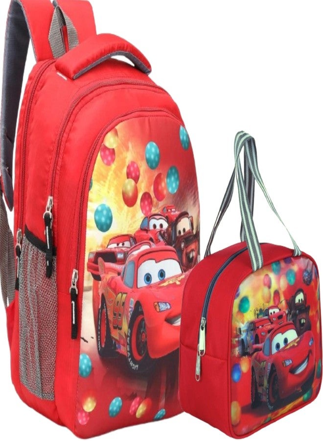 HOXY Kids School Backpack and Lunch Bag Set, Cars Theme Print, Red Colour, 2 Piece - Image 1