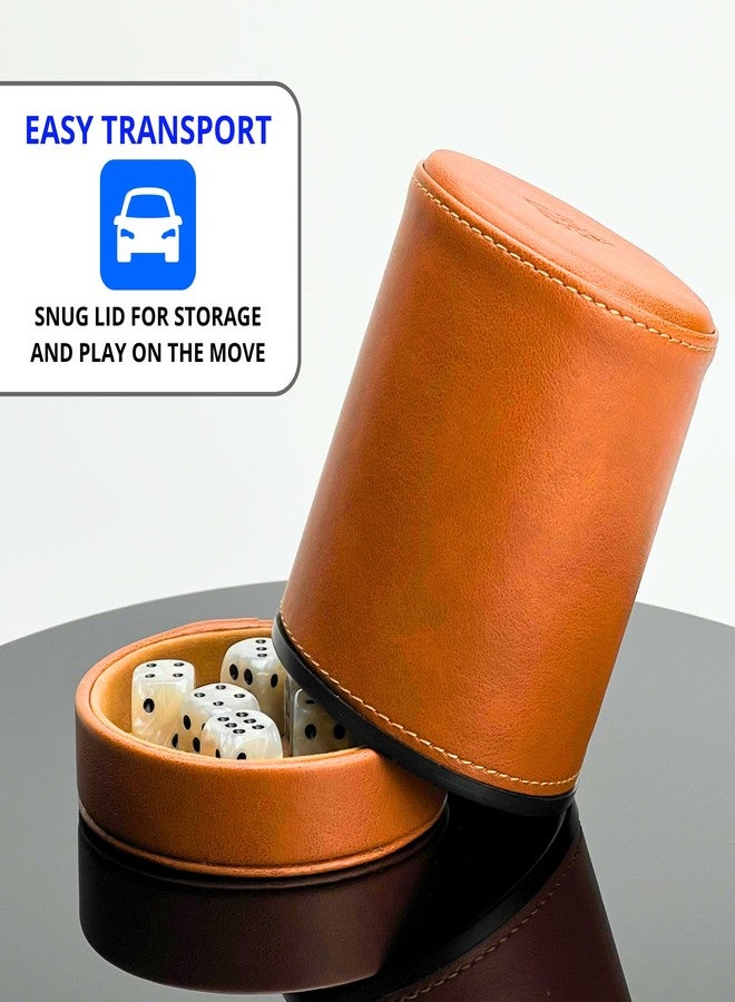 Luck Lab كوب نرد جلد بني من لاك لاب مع غطاء يتضمن 6 نرد لؤلؤي متطابق - داخلية من المخمل البيج لاهتزاز هادئ - للاستخدام في ألعاب النرد الكاذب فاركل ياتزي - Image 4