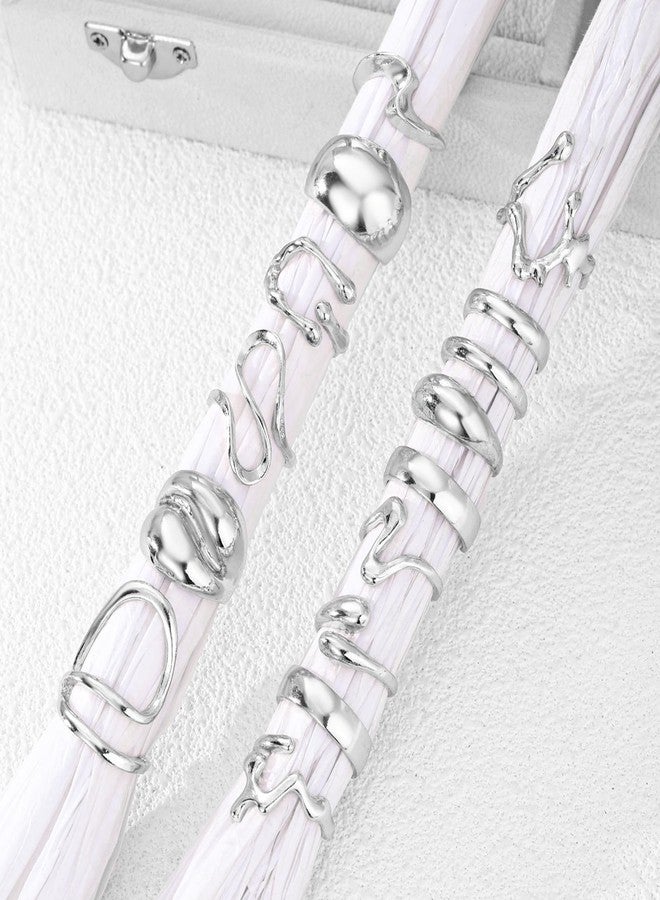 17IF 10-15 Pcs Silver Ring Set for Women Chunky Classic Dainty Boho Aesthetic Punk Thick Line Beig Size Simple Stacking on Thumb Knuckle Rings Pack (15Cool, Silver) - Image 5