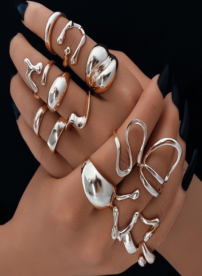 17IF 10-15 Pcs Silver Ring Set for Women Chunky Classic Dainty Boho Aesthetic Punk Thick Line Beig Size Simple Stacking on Thumb Knuckle Rings Pack (15Cool, Silver) - Image 2