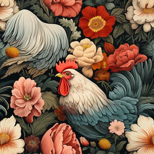 MuralPeel Rooster Flowers Red White Chicken Floral Peel and Stick Wallpaper Self Adhesive Removable Easy Peel Off Contact Paper Stick on Wall Paper for Bedroom Renter - Image 1