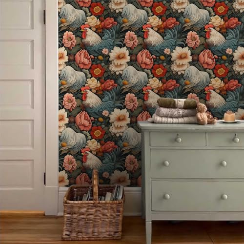 MuralPeel Rooster Flowers Red White Chicken Floral Peel and Stick Wallpaper Self Adhesive Removable Easy Peel Off Contact Paper Stick on Wall Paper for Bedroom Renter - Image 3