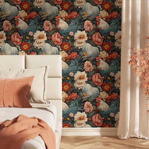 MuralPeel Rooster Flowers Red White Chicken Floral Peel and Stick Wallpaper Self Adhesive Removable Easy Peel Off Contact Paper Stick on Wall Paper for Bedroom Renter - Image 2