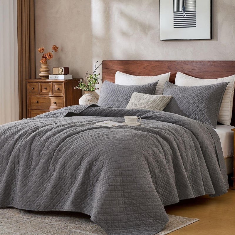 DOWN HOME Queen Quilt Set with Shams Lightweight Quilted Bedspread Coverlet Thin Comforter Bed Cover Vintage Washed Quilted Blanket for All Season, Brushed Microfiber Diamond Stitching, Ash Gray, 88"x92" - Image 1
