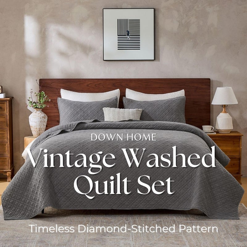 DOWN HOME Queen Quilt Set with Shams Lightweight Quilted Bedspread Coverlet Thin Comforter Bed Cover Vintage Washed Quilted Blanket for All Season, Brushed Microfiber Diamond Stitching, Ash Gray, 88"x92" - Image 2