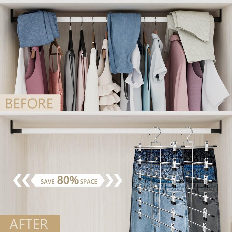 6-Tier Pants Hangers - Space Saving Closet Organizer with 360° Swivel Hook - 2 Pack - Image 2