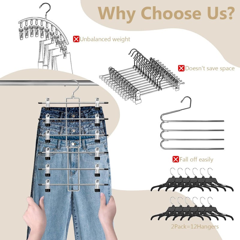 6-Tier Pants Hangers - Space Saving Closet Organizer with 360° Swivel Hook - 2 Pack - Image 3