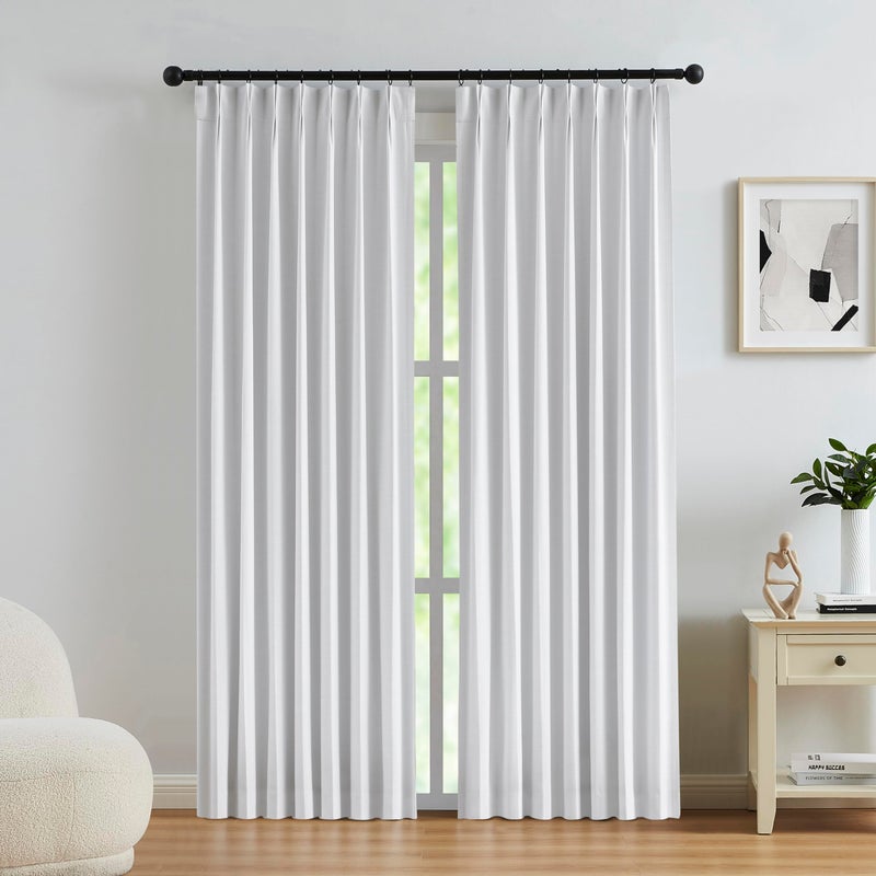 Kayne Studio White Full Blackout Linen Textured Pinch Pleated Curtains 84 inch Long for Living Room Thermal Insulating Pinch Pleated Drapes for Traverse Rod and Track 40"" x 84"" 9 Pin Hooks 1 Panel - Image 1