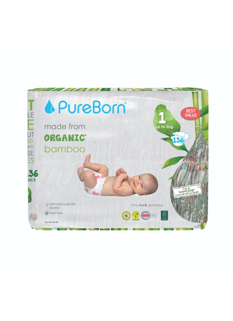 PureBorn Organic Diapers Size-1 Upto 5kg Master Value Pack Tropic Print 136 Diapers - Image 1