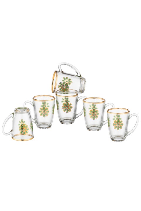 6-piece clear glass teacup set with a beautiful and elegant decor in the middle. Capacity: 90 ml.