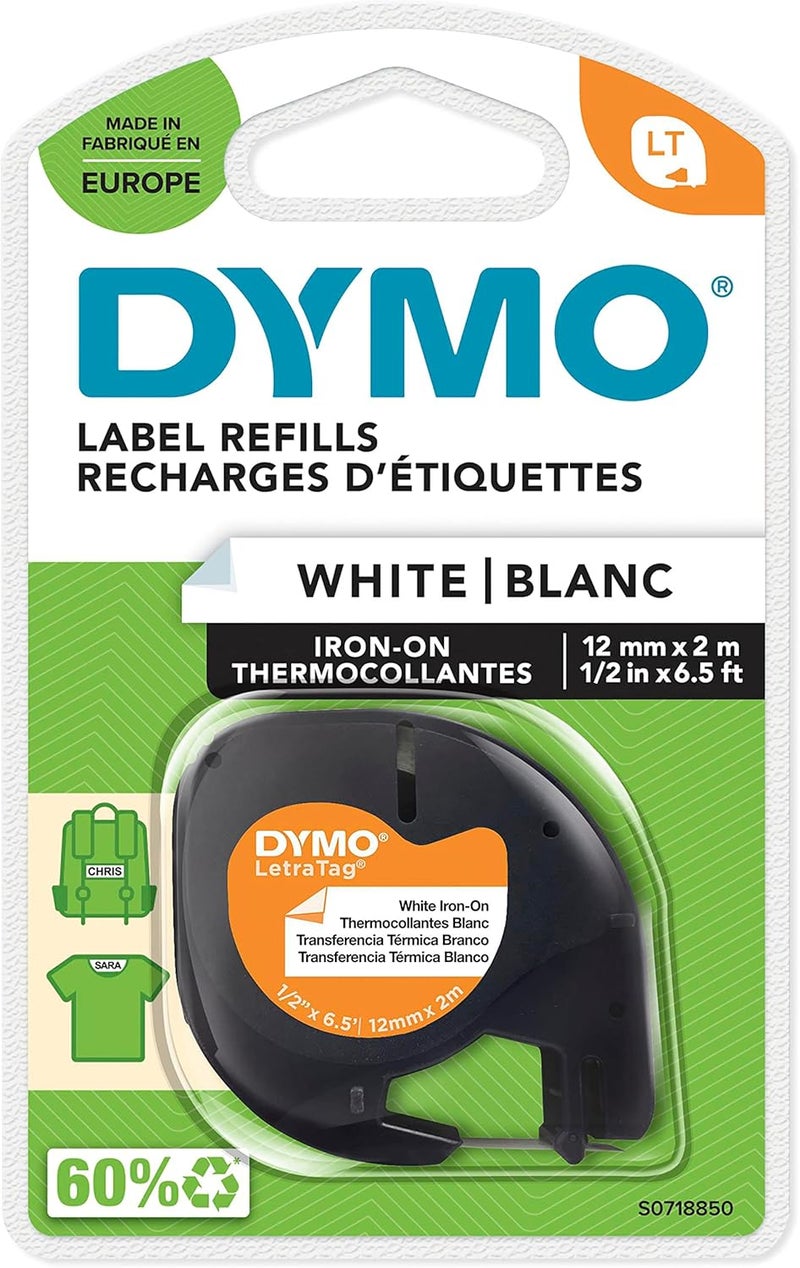 Dymo Letratag Iron On Fabric Labels Authentic 12 Mm X 2 M Roll Black Print On White Clothing Labels For Letratag Label Makers, S0718850, 12_Millimeters - Image 1