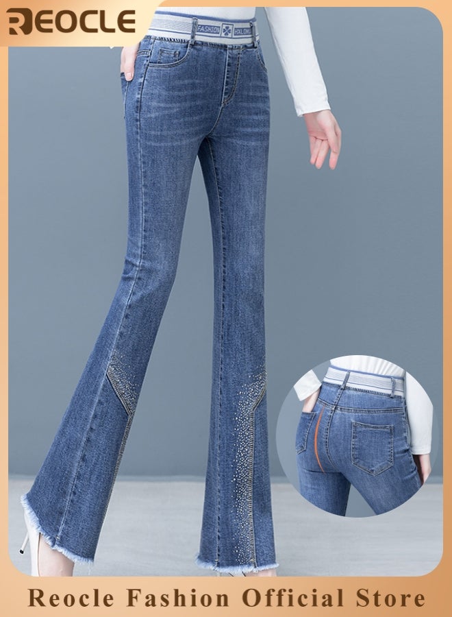 REOCLE Women's High Waist Flared Jeans Fashion Denim Jean for Women Full Length Streetwear Trousers Diamond Decoration Comfortable with Pockets Skinny Pants for Party Girls  - Image 1