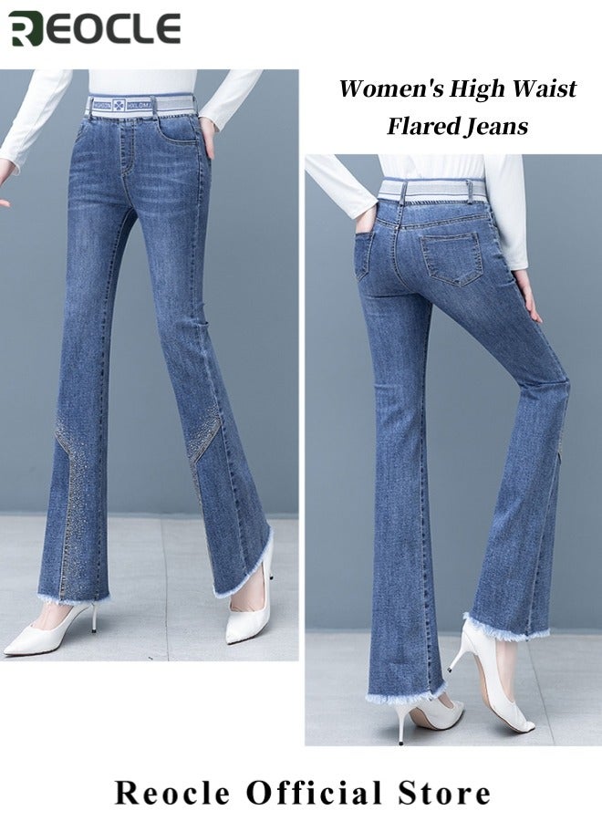 REOCLE Women's High Waist Flared Jeans Fashion Denim Jean for Women Full Length Streetwear Trousers Diamond Decoration Comfortable with Pockets Skinny Pants for Party Girls  - Image 4
